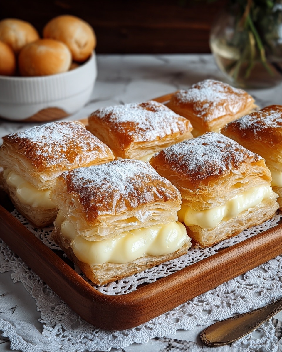 A tray of nine square pieces of creamy custard-filled pastry is shown, each piece having a golden brown, flaky top layer dusted lightly with powdered sugar. The pastry has visible layers with the creamy pale yellow custard filling sitting thickly between the bottom and top flaky crust layers. The tray is placed on a white lace doily over a wooden board, set on a white marbled texture surface. In the background, a white bowl filled with small round golden buns and a fork are partly visible, adding a cozy, homey feel to the scene. Photo taken with an iphone --ar 4:5 --v 7