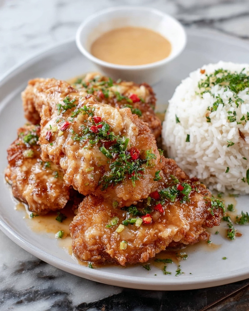 A white plate holds three pieces of golden-brown fried chicken, coated with a shiny, creamy orange sauce speckled with herbs and small red chili flakes. The chicken pieces are textured with a crispy crust visible under the sauce. Next to the chicken, there is a serving of white rice mixed with small green parsley bits. The plate is set on a wooden table with a folded brown cloth nearby, and a small bowl of the same orange sauce is seen in the background. The photo taken with an iphone --ar 4:5 --v 7