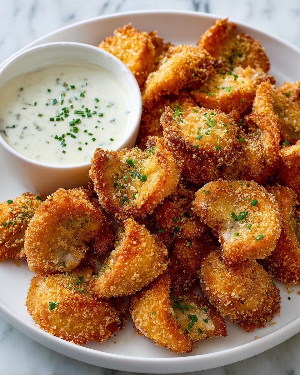 A white plate filled with multiple pieces of golden-brown fried mushroom slices, each coated in a crispy, grainy breading and sprinkled with small green herb bits. The mushrooms have a slightly curved shape with darker brown edges and lighter beige centers. Positioned on the upper right side of the plate is a small white round bowl containing a creamy white dipping sauce, speckled with finely chopped green herbs. The whole dish rests on a white marbled textured surface. photo taken with an iphone --ar 4:5 --v 7