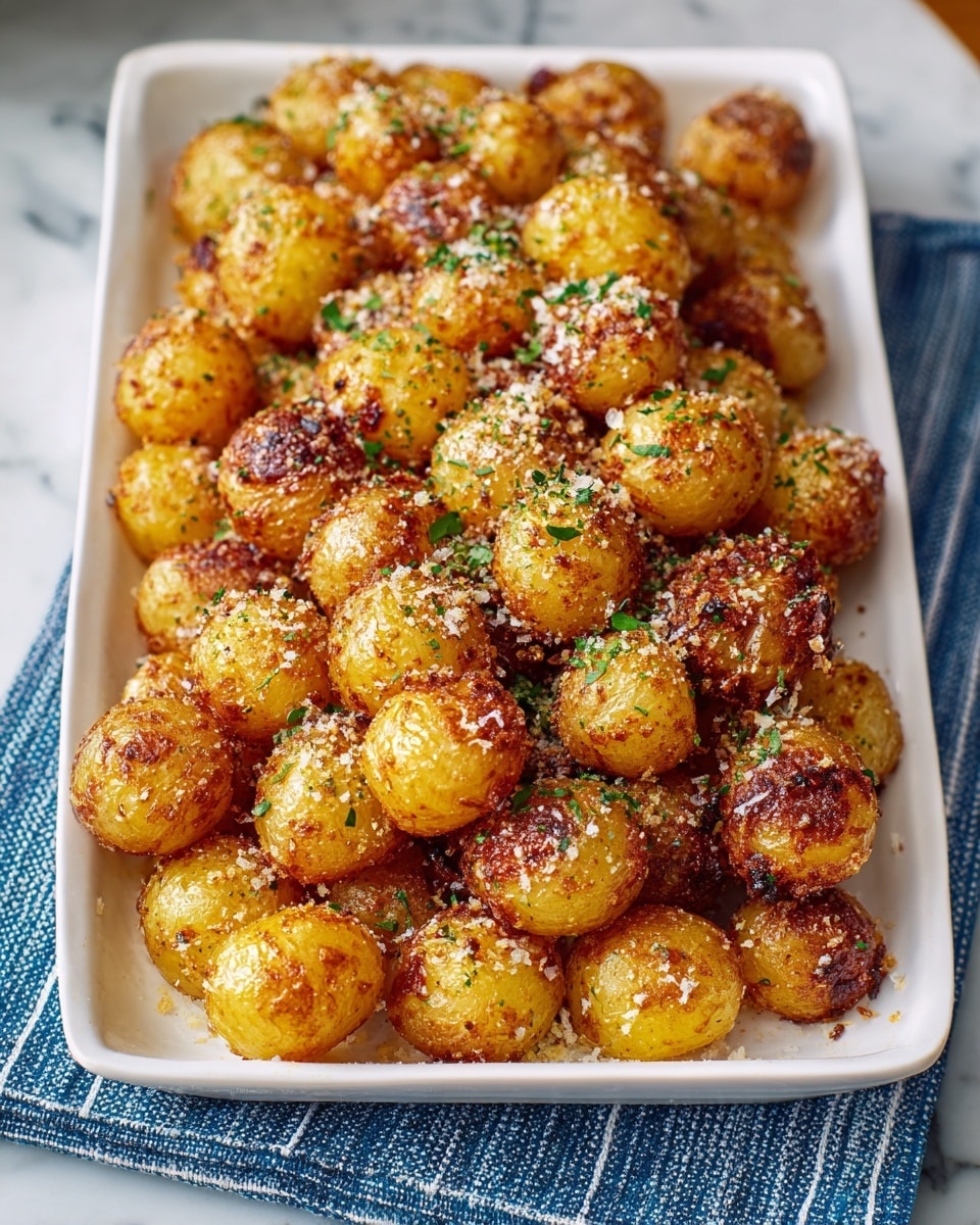 A rectangular white plate is filled with small golden-brown round potato balls that have a crispy and seasoned outer layer with some spots more deeply browned. The potatoes are sprinkled with finely chopped green herbs and a light dusting of grated cheese or seasoning, giving texture and color contrast. The plate sits on a white marbled surface with a blue and white striped cloth underneath it, enhancing the rustic and warm feeling of the dish. Photo taken with an iphone --ar 4:5 --v 7
