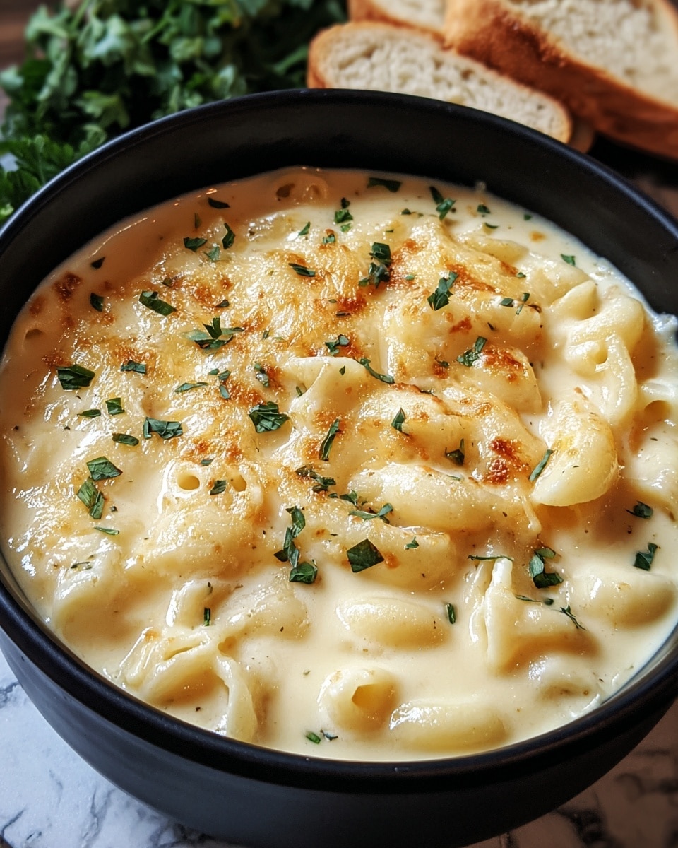 A black bowl filled with creamy macaroni and cheese, showing smooth, light yellow sauce covering the short pasta tubes. The top layer has melted golden-brown cheese and small pieces of green herbs sprinkled around. The bowl is placed on a white marbled surface with slices of bread and green leafy herbs in the background. Photo taken with an iphone --ar 4:5 --v 7