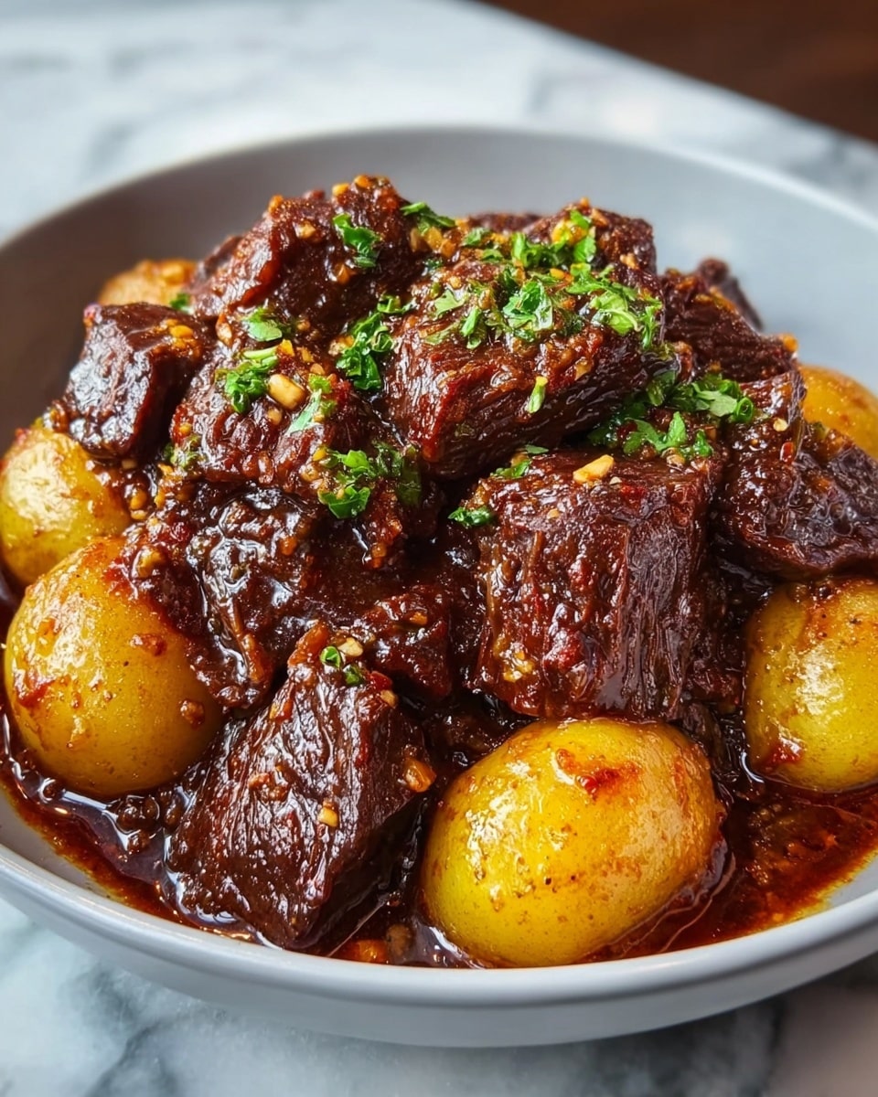 The dish shows a white bowl filled with chunks of dark brown, tender beef with a glossy and thick sauce coating each piece, giving a rich and savory look. Around the beef, there are golden-yellow baby potatoes also covered in the sauce, with some fresh green herbs sprinkled on top as a garnish. The sauce looks thick and textured, with visible bits of spices or garlic. The bowl sits on a white marbled surface, and the lighting highlights the shiny, moist texture of the meat and potatoes. photo taken with an iphone --ar 4:5 --v 7