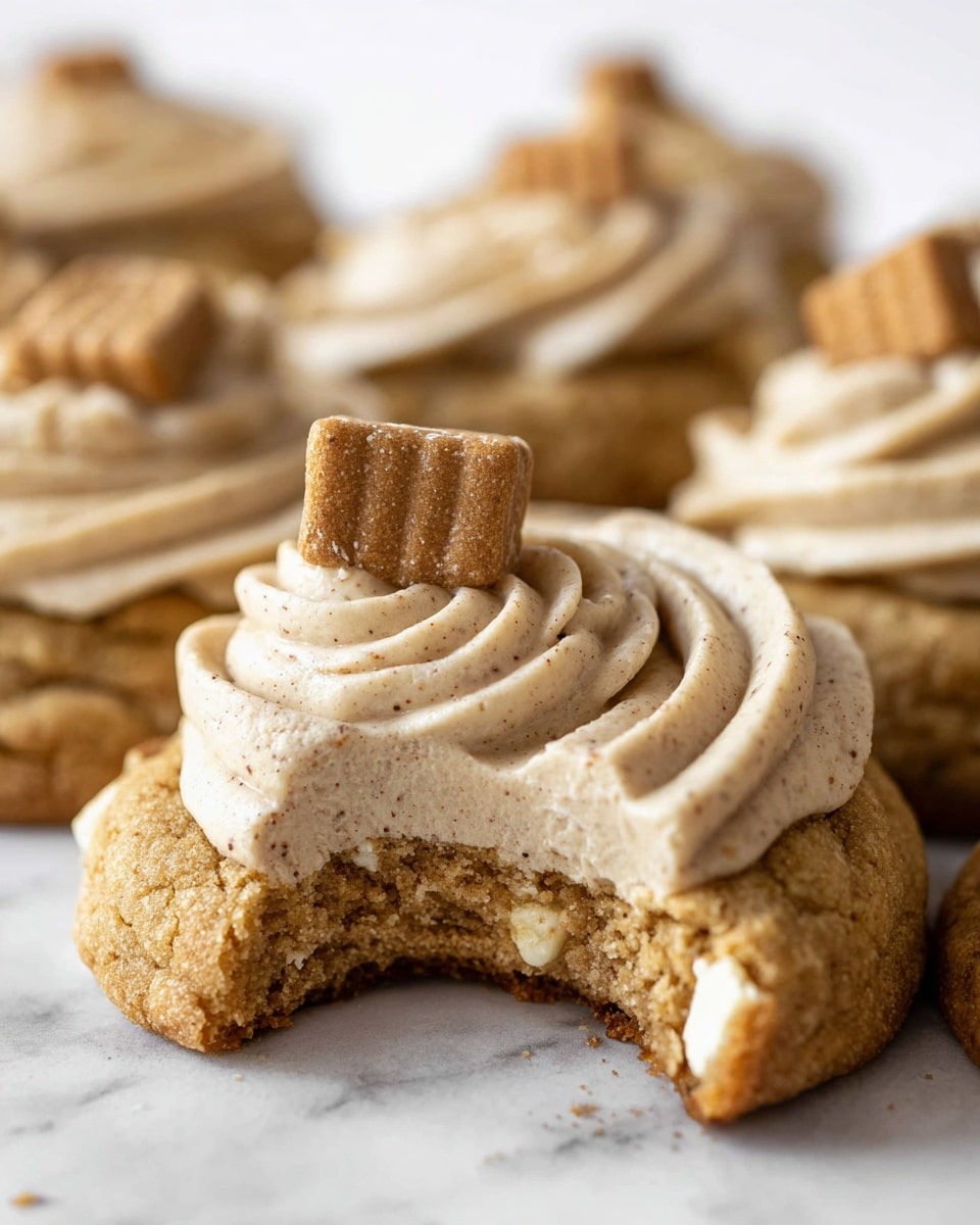 This image shows several round cookies with two layers each on a white marbled surface. The bottom layer is a rough, golden-brown cookie base with a slightly uneven edge. On top of this is a thick spiral of light beige cream frosting, which looks smooth with small specks throughout. Each cookie is decorated with a small, half cookie piece inserted into the frosting near the edge. In the upper right corner, there is a jar of Lotus Biscoff crunchy cookie butter partially visible. photo taken with an iphone --ar 4:5 --v 7