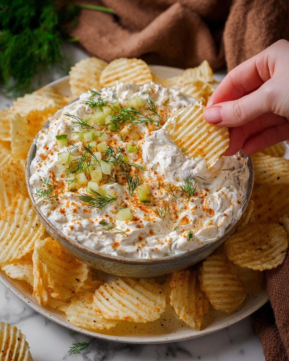 The image shows a bowl of creamy white dip with a smooth texture, topped with small green dill sprigs, diced green pickles, and orange powder sprinkled evenly across the surface. The bowl is placed on a white plate filled with light golden ridged potato chips around the edges. A woman's hand is dipping a single ridged potato chip covered partially in the creamy dip. The scene is set on a white marbled surface with a cozy brown fabric and green herb leaves blurred in the background. photo taken with an iphone --ar 4:5 --v 7