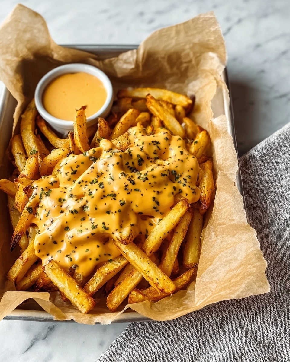 A tray lined with light brown parchment paper holds a generous layer of golden-brown crispy fries as the base. A thick, creamy orange sauce heavily covers the top, with visible small black herb flakes sprinkled evenly across the sauce. To the side, there is a small round white cup filled with the same orange sauce, sitting on a light gray textured cloth. The tray rests on a white marbled surface with soft natural lighting highlighting the textures and colors. photo taken with an iphone --ar 4:5 --v 7