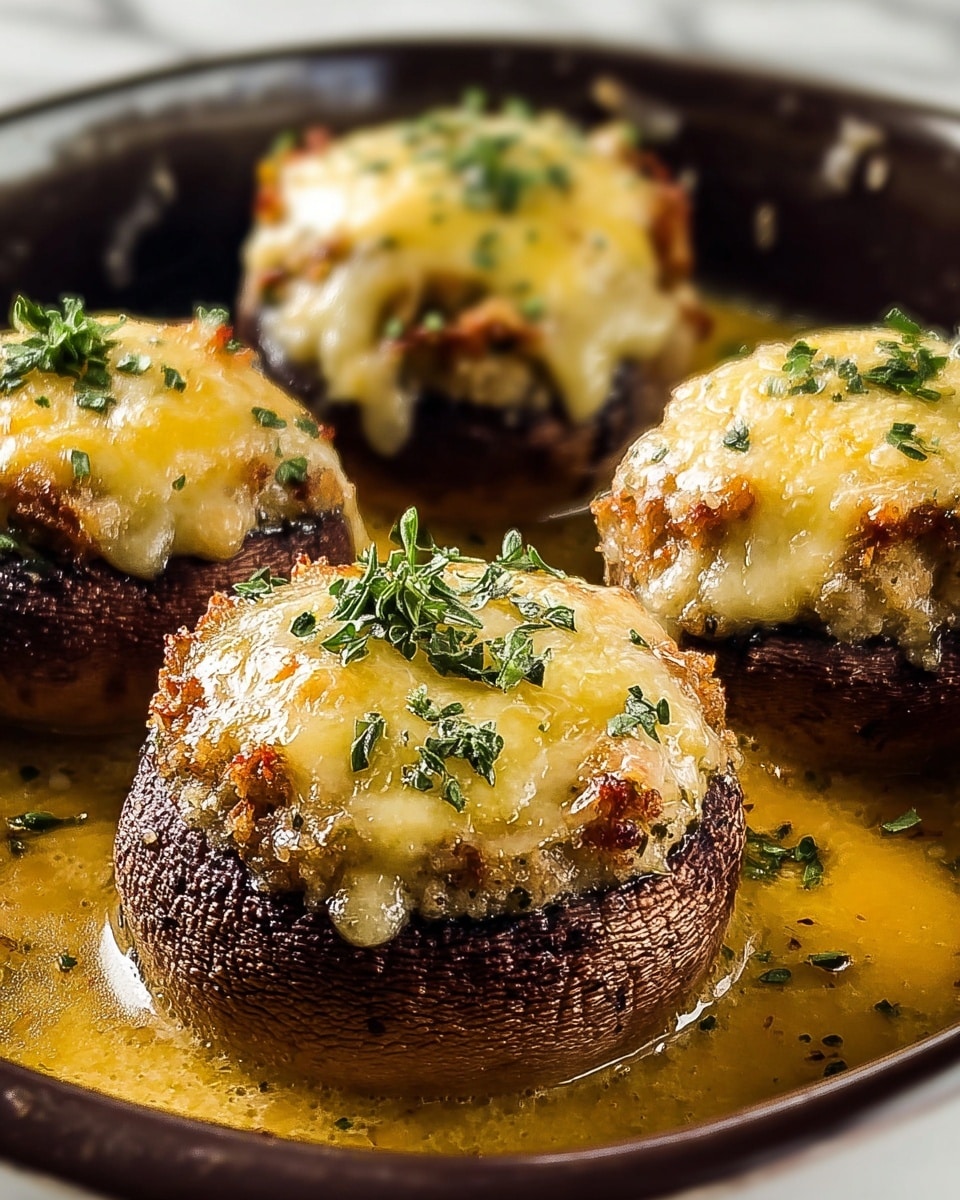 The image shows four stuffed mushrooms in a dark cooking dish. Each mushroom has a thick outer brown layer with a rough texture, filled with a light beige stuffing that looks crumbly and soft. On top of the stuffing, there is a smooth melted yellow cheese layer that covers most of the filling and drips slightly over the edges. Small green herb leaves are scattered on the cheese, adding a fresh look. The mushrooms sit on a glossy golden sauce that spreads across the bottom of the white marbled surface beneath the dish. photo taken with an iphone --ar 4:5 --v 7