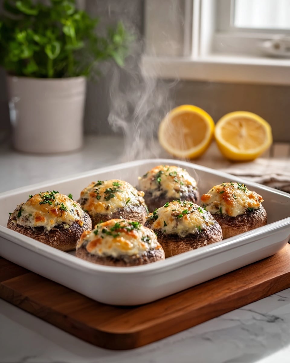 A white baking dish holds seven stuffed mushrooms arranged in two rows, each mushroom topped with a creamy, golden-brown cheese mixture sprinkled with fresh green herbs. The mushrooms have a rich brown color with a lightly textured surface, and the cheese topping has bubbly, browned spots showing it was baked. Steam rises gently from the hot dish, placed on a wooden board on a white marbled surface. In the background, there are two lemon wedges on the right and a green plant in a white pot on the left, with a blurred kitchen setting behind. photo taken with an iphone --ar 4:5 --v 7