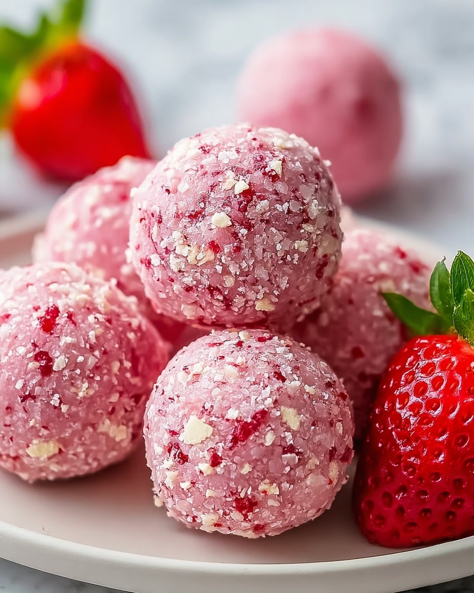 The image shows several round, pink balls that have a crumbly texture with small white and red pieces mixed in, giving a slightly rough look. They are arranged closely together on a white plate, with a few fresh red strawberries placed near the balls. The strawberries have a shiny surface and green leaves, adding bright contrast to the pink balls. The background is a white marbled texture. photo taken with an iphone --ar 4:5 --v 7