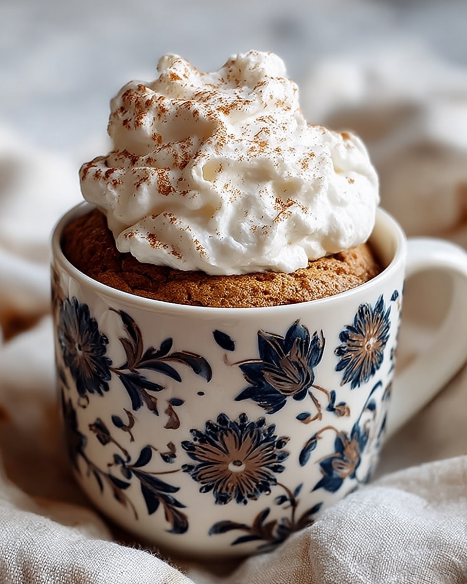 A white mug with dark blue and brown floral and abstract patterns holds a single-layer golden brown cake with a slightly cracked surface, topped generously with a thick, fluffy layer of white whipped cream sprinkled with a light dusting of brown cinnamon powder. The mug sits on a soft, light beige fabric against a white marbled textured background. photo taken with an iphone --ar 4:5 --v 7