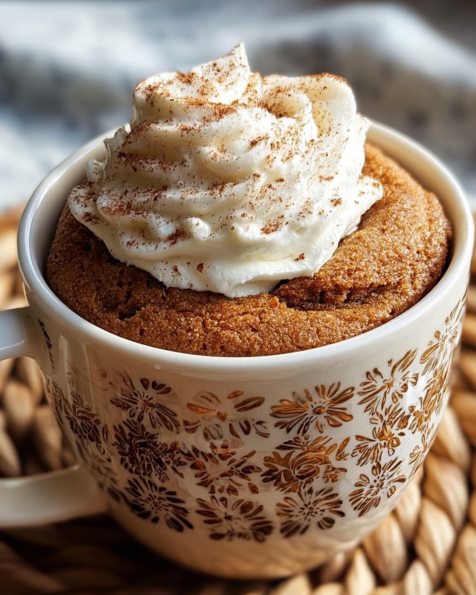 The image shows a close-up of a brown cake in a white mug decorated with brown and gold patterns. The cake has a soft, slightly rough texture and rises close to the mug's rim. On top, there is a thick swirl of white whipped cream sprinkled lightly with brown powder, giving a textured and creamy look. The mug sits on a woven mat with a white marbled background softly blurred behind it. photo taken with an iphone --ar 4:5 --v 7