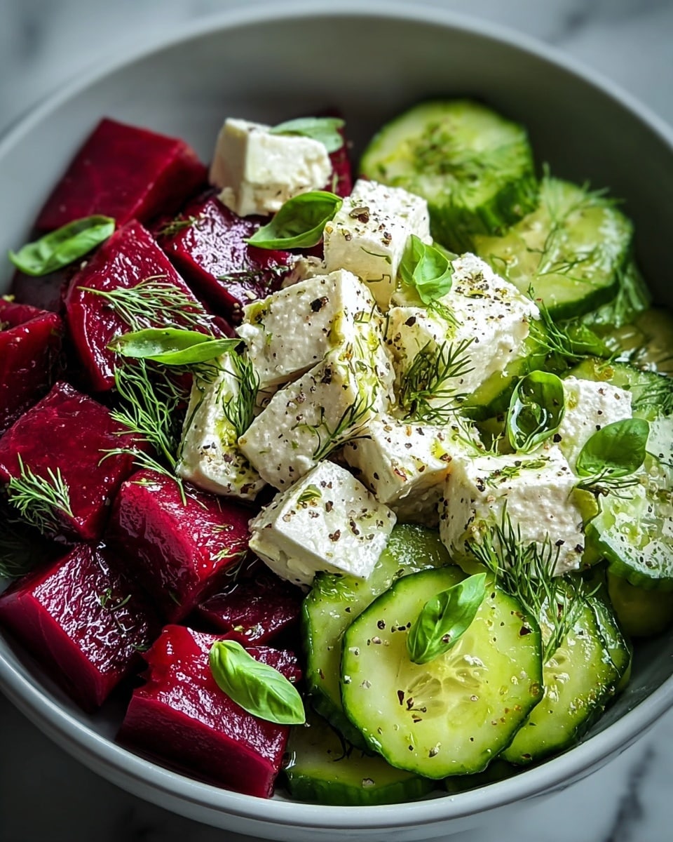 This image shows a fresh salad in a white bowl, placed on a white marbled surface. The salad has three main layers: the bottom layer is made of bright green cucumber slices with a wet, shiny texture; the middle layer has shiny, deep red beet cubes, evenly cut and slightly glossy; the top layer features white feta cheese cubes drizzled with olive oil and sprinkled with black pepper. Scattered around and on top are fresh green basil leaves and delicate dill sprigs, adding vivid green color and a touch of texture. The salad looks fresh, colorful, and healthy. photo taken with an iphone --ar 4:5 --v 7