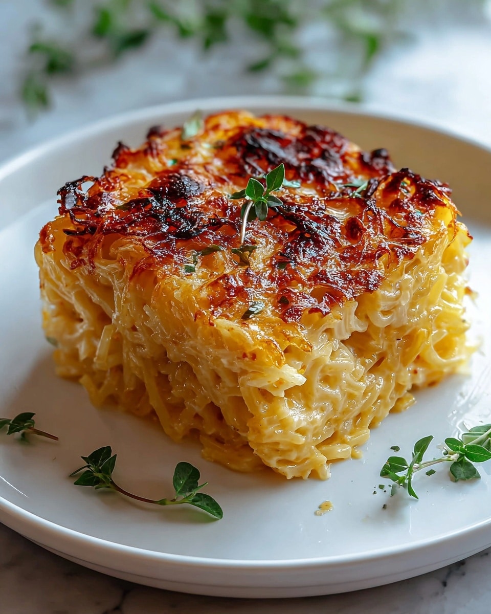 A square portion of baked pasta is shown on a white plate, with a golden-brown crispy top layer that is slightly charred and textured with baked cheese and pasta strands. Underneath the top, the middle layer is a creamy, gooey mix of melted cheese and soft pasta, visible through the pasta's tubular shapes. The bottom layer holds a tight nest of spaghetti-like pasta, creamy and slightly yellow from cheese or sauce, giving a dense yet soft look. Small bright green herb sprigs are decorated on top and around the plate, adding contrast to the warm tones of the dish. The setting is on a white marbled texture surface with soft natural light. photo taken with an iphone --ar 4:5 --v 7