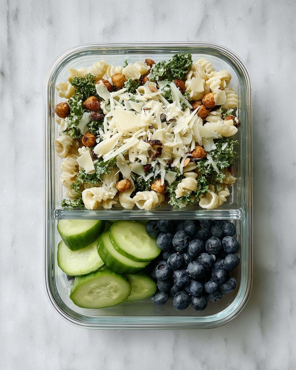 A clear glass rectangular container divided into two sections sits on a white marbled surface. The larger top section is filled with a creamy pasta salad made of small spiral pasta pieces, chopped green kale, roasted brown chickpeas, and topped with scattered thin white cheese shavings. The smaller bottom section has two neat piles: one of thin, bright green cucumber slices and the other of plump, dark blue blueberries. The textures contrast between creamy, crunchy, fresh, and juicy elements. Photo taken with an iphone --ar 4:5 --v 7