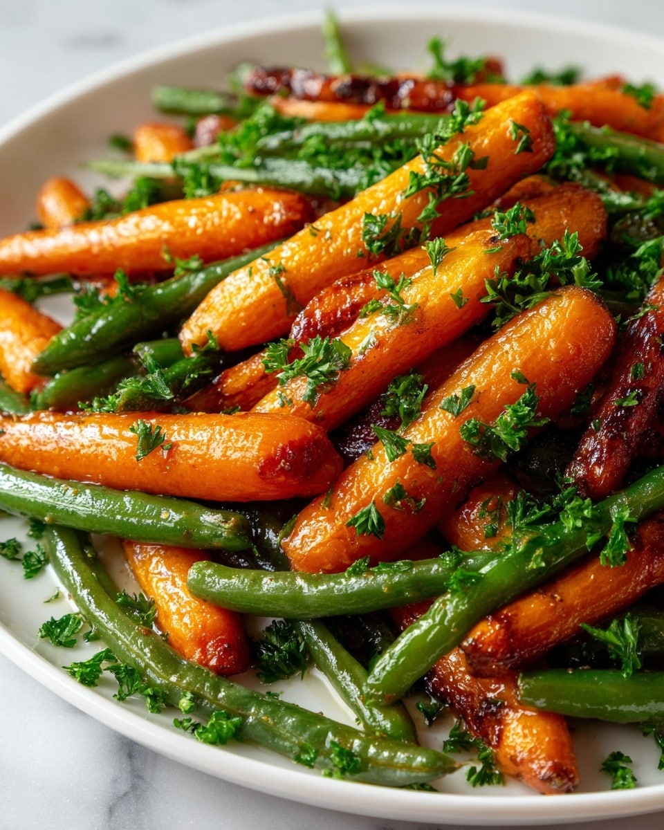 A white plate full of roasted baby carrots and green beans is shown, with the carrots having a shiny, slightly charred orange surface and the green beans a bright, glossy green color. The vegetables are mixed and spread evenly, topped with small pieces of fresh chopped parsley that add a bright green contrast. The texture of the carrots looks tender and glazed, while the green beans appear crisp and cooked. The background surface is a white marbled texture. photo taken with an iphone --ar 4:5 --v 7