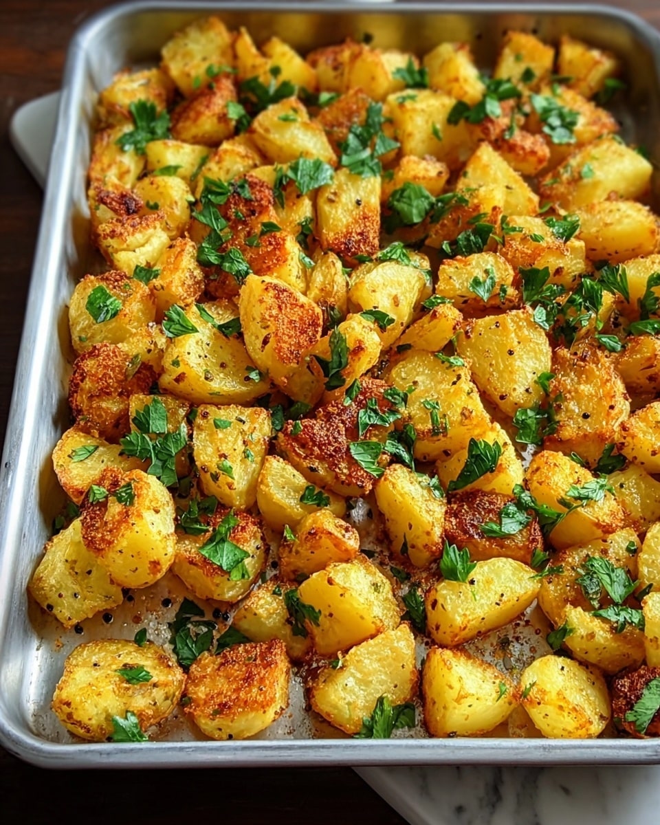 A tray full of golden roasted potato chunks with crispy brown edges and a rough texture, spread evenly across the metallic tray. Bright green parsley leaves are scattered on top, adding a fresh contrast with their smooth, leafy texture. The potatoes appear to be seasoned with small black pepper specks. The tray is placed on a white marbled surface. photo taken with an iphone --ar 4:5 --v 7