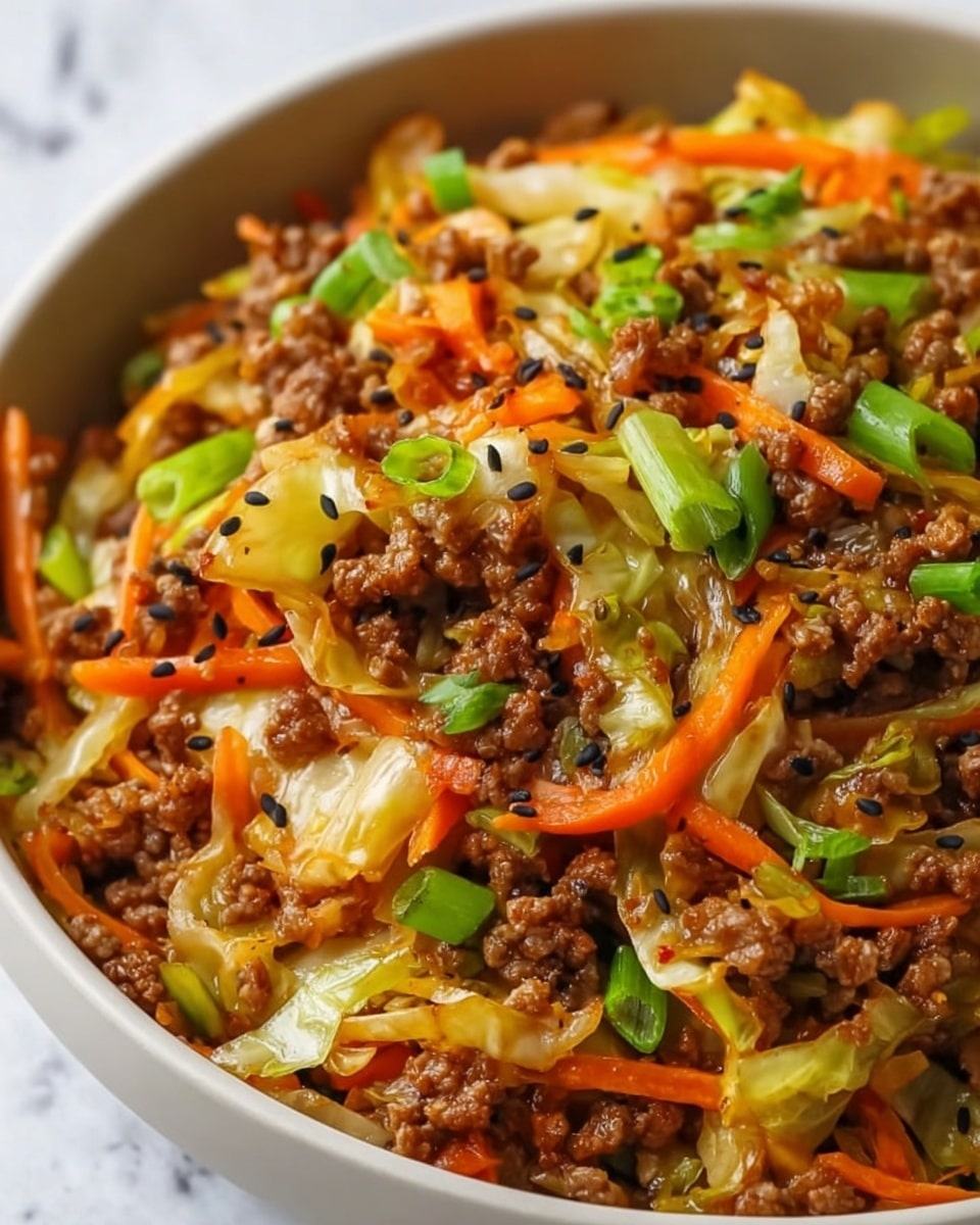 A close-up of a white bowl filled with a cooked mixture of ground meat, thin orange carrot strips, light green cabbage pieces, and chopped bright green onions sprinkled on top, with small black sesame seeds scattered throughout. The meat looks well browned and mixed evenly with the vegetables, creating a colorful, textured dish. The background is a white marbled texture. photo taken with an iphone --ar 4:5 --v 7