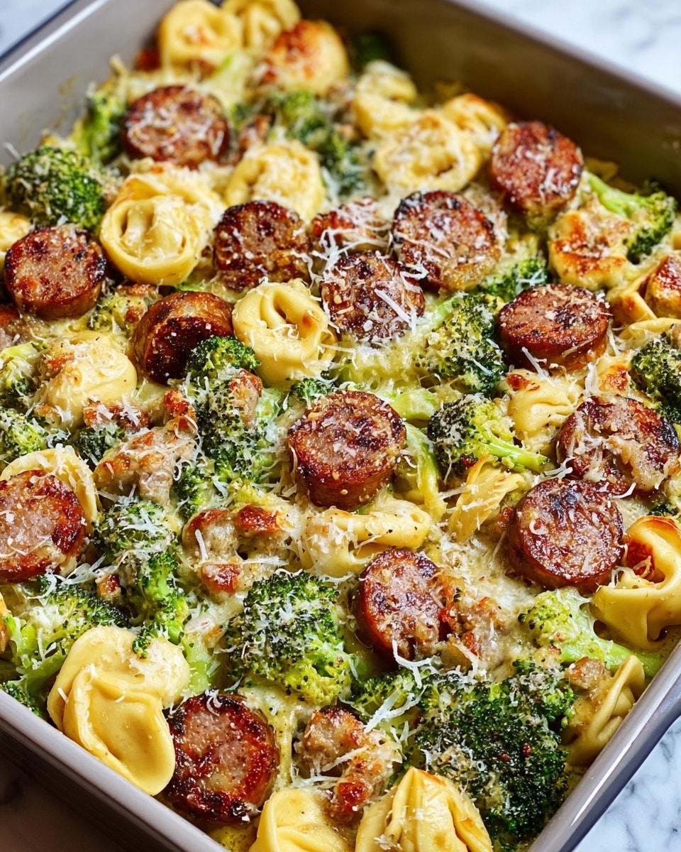The image shows a baking dish filled with a pasta casserole that has three main layers: the bottom layer is a bed of small, green broccoli florets with a fresh texture, the middle layer contains creamy yellow tortellini pasta with slight browning in some spots, and the top layer features browned, round sausage slices with a crispy edge sprinkled generously with grated white cheese. The dish is cooked to a golden finish with a mix of green, yellow, and light brown colors, all set against a white marbled surface. photo taken with an iphone --ar 4:5 --v 7