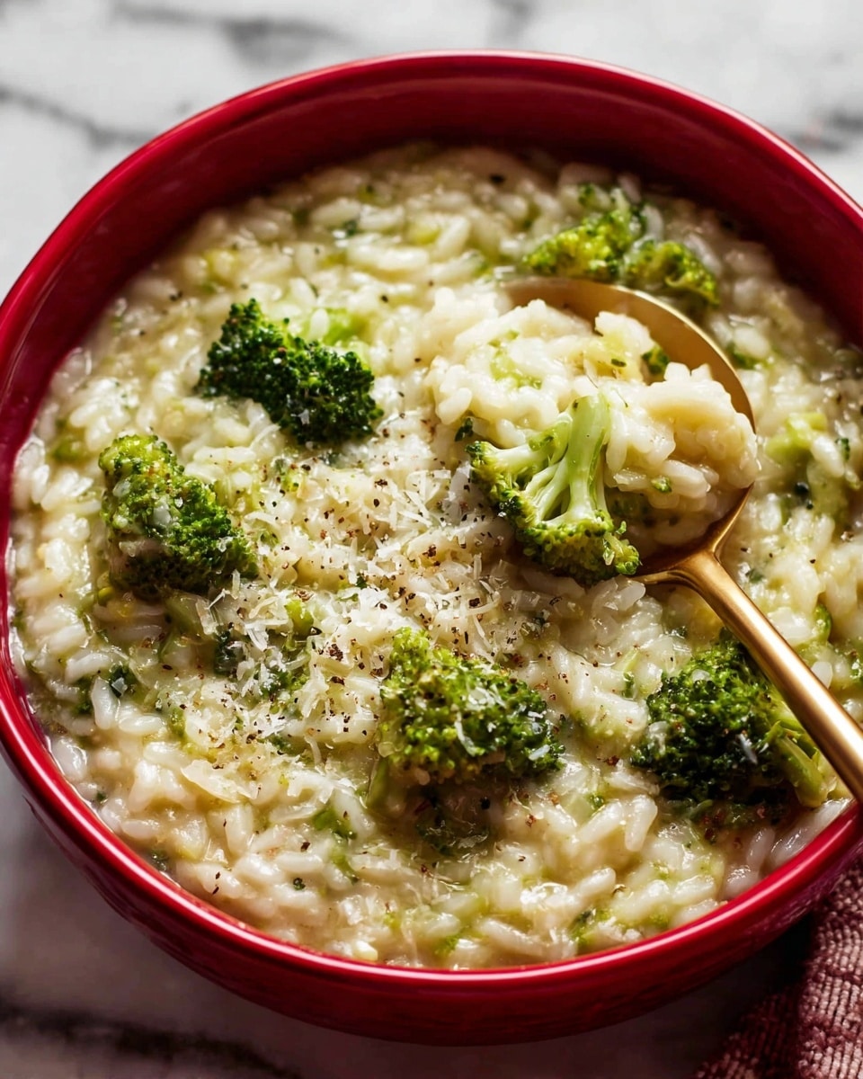 A close-up view of a bowl of creamy broccoli risotto in a red bowl. The risotto has a thick, shiny texture with small grains of white rice mixed throughout. On top, there are several pieces of bright green broccoli florets evenly spread, and the surface is sprinkled with black pepper and grated white cheese. A gold spoon rests inside the bowl, scooping up the risotto and broccoli. The dish sits on a white marbled surface. Photo taken with an iphone --ar 4:5 --v 7
