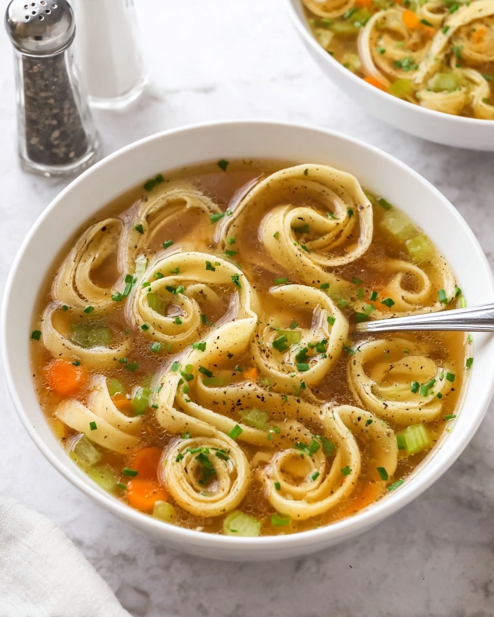 A white bowl filled with clear brown broth, containing many rolled thin crepe-like noodles that are pale yellow with light brown spots, floating together with small pieces of green celery and orange carrot chunks. The soup is garnished with chopped green chives scattered on top. A silver spoon rests inside the bowl, and a second bowl is partially visible in the background on a white marbled surface, along with salt and pepper shakers. photo taken with an iphone --ar 4:5 --v 7