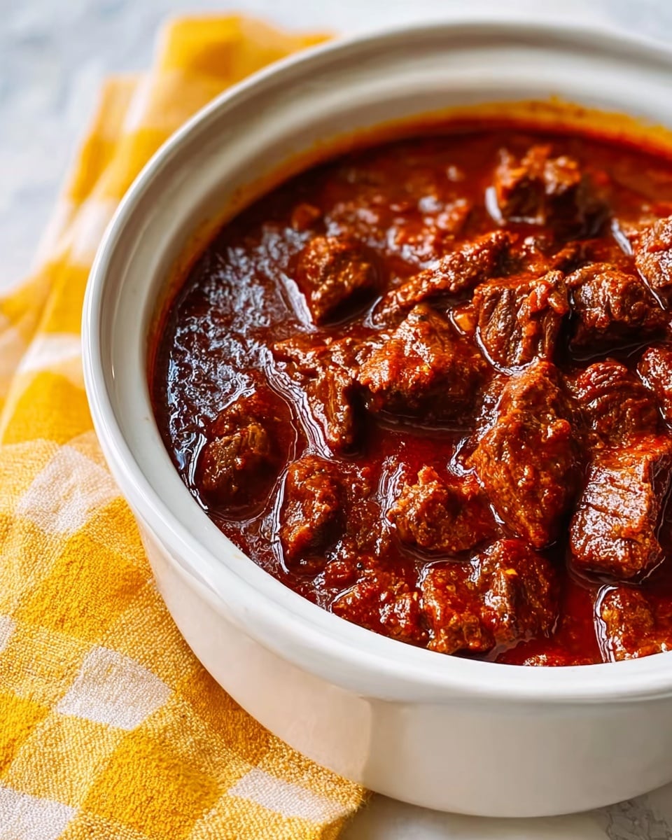 A close-up view of a white oval dish filled with rich, thick, dark reddish-brown stew containing chunky pieces of tender beef evenly mixed throughout. The glossy stew surface reflects light, showing a smooth texture with visible oil glistening on top. The dish rests on a yellow and white checkered cloth over a white marbled surface, adding a bright contrast to the deep colors of the stew. photo taken with an iphone --ar 4:5 --v 7