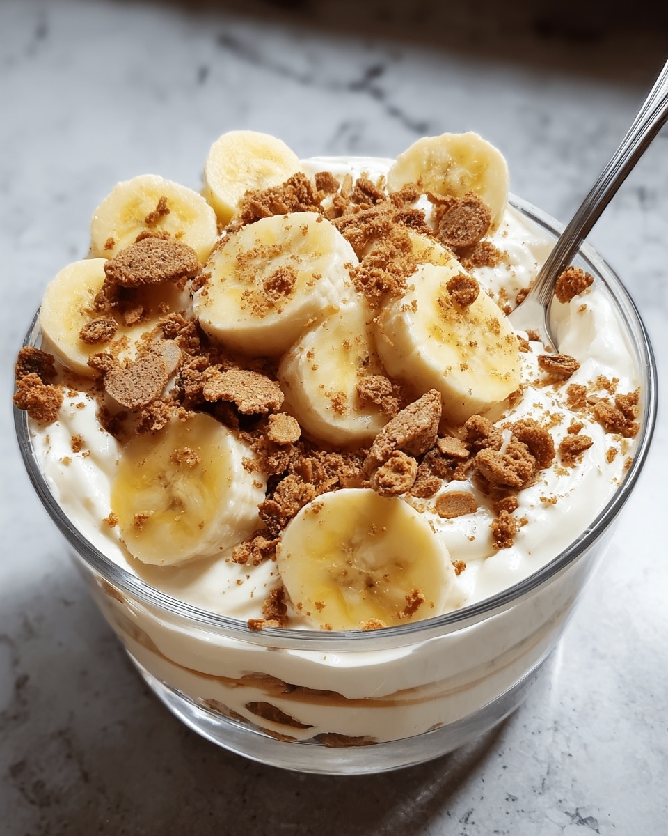 A clear glass bowl filled with creamy white yogurt as the base layer, topped generously with sliced yellow bananas that have soft brown seeds in the center, and sprinkled with crumbled brown cookies that add texture and color contrast on top. There is a silver spoon inserted in the bowl from the right side, and the bowl is placed on a white marbled surface. Photo taken with an iphone --ar 4:5 --v 7