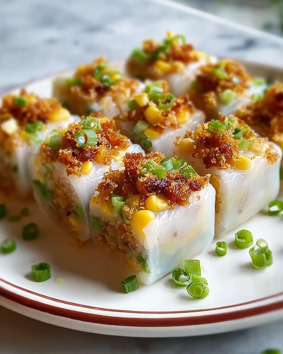 The image shows a close-up of square-shaped rice rolls neatly arranged on a white plate with a thin red rim. Each roll is wrapped in a translucent white rice sheet, revealing a filling made of small pieces of golden-yellow corn, bright green chopped scallions, and a crispy brown crumbly texture, likely from fried shallots or meat. The top of each roll is garnished with more corn kernels and scallions, adding pops of yellow and green color. The plate rests on a white marbled surface, and a few scattered chopped scallions decorate the area around the rolls. photo taken with an iphone --ar 4:5 --v 7
