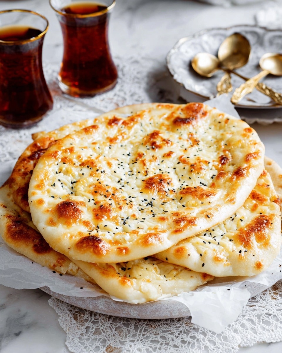 The image shows a pile of flatbread with three visible layers: the crust, which is light golden and slightly thick at the edges; a melted cheese layer that is creamy white with golden brown spots and bubbly texture spread evenly across the surface; and a sprinkling of small black seeds scattered on top for texture. The flatbreads are stacked casually on white parchment paper inside a round plate. In the background, there are two clear glasses with golden rims filled with dark tea and a few gold spoons resting beside the plate. The scene is set on a white marbled surface with a white lace cloth underneath, creating a light and cozy atmosphere. photo taken with an iphone --ar 4:5 --v 7
