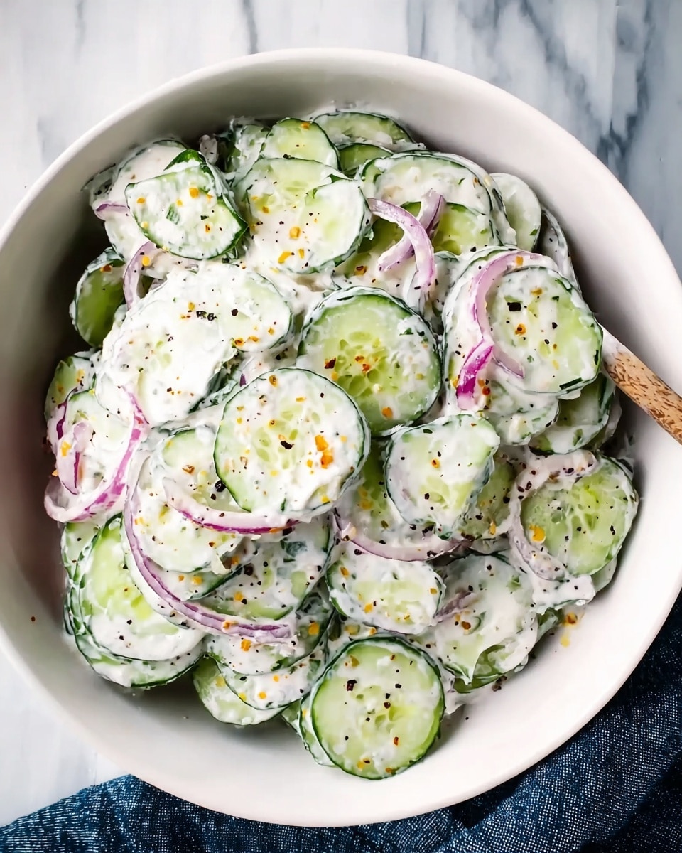 A white bowl filled with thinly sliced cucumber rounds covered in a creamy white dressing, mixed with thin slices of red onion that add a slight purple color. The creamy dressing has small black and orange specks scattered throughout, suggesting spices or seasoning. The cucumber slices show a light green color with dark green edges, giving a fresh look. The bowl is placed on a white marbled surface with a dark blue cloth partially visible in the bottom right corner. Photo taken with an iphone --ar 4:5 --v 7