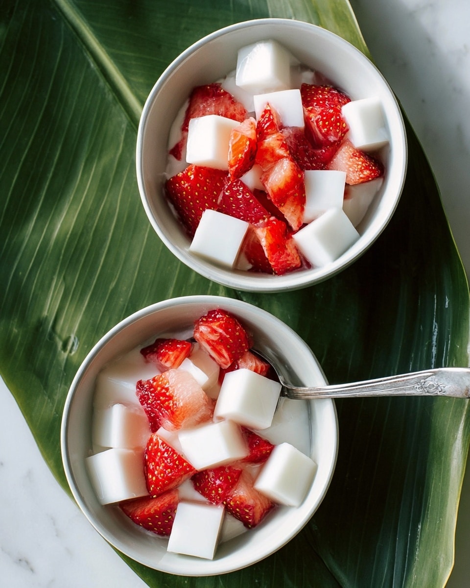 Two white bowls sit on a large green leaf over a white marbled surface. Each bowl holds a mix of bright red strawberry pieces and white, smooth, cubed jelly with a soft texture. A silver spoon rests inside the lower bowl, angled towards the center, ready to scoop the dessert. The close-up view highlights the juicy freshness of the strawberries contrasted with the clean white jelly cubes. photo taken with an iphone --ar 4:5 --v 7