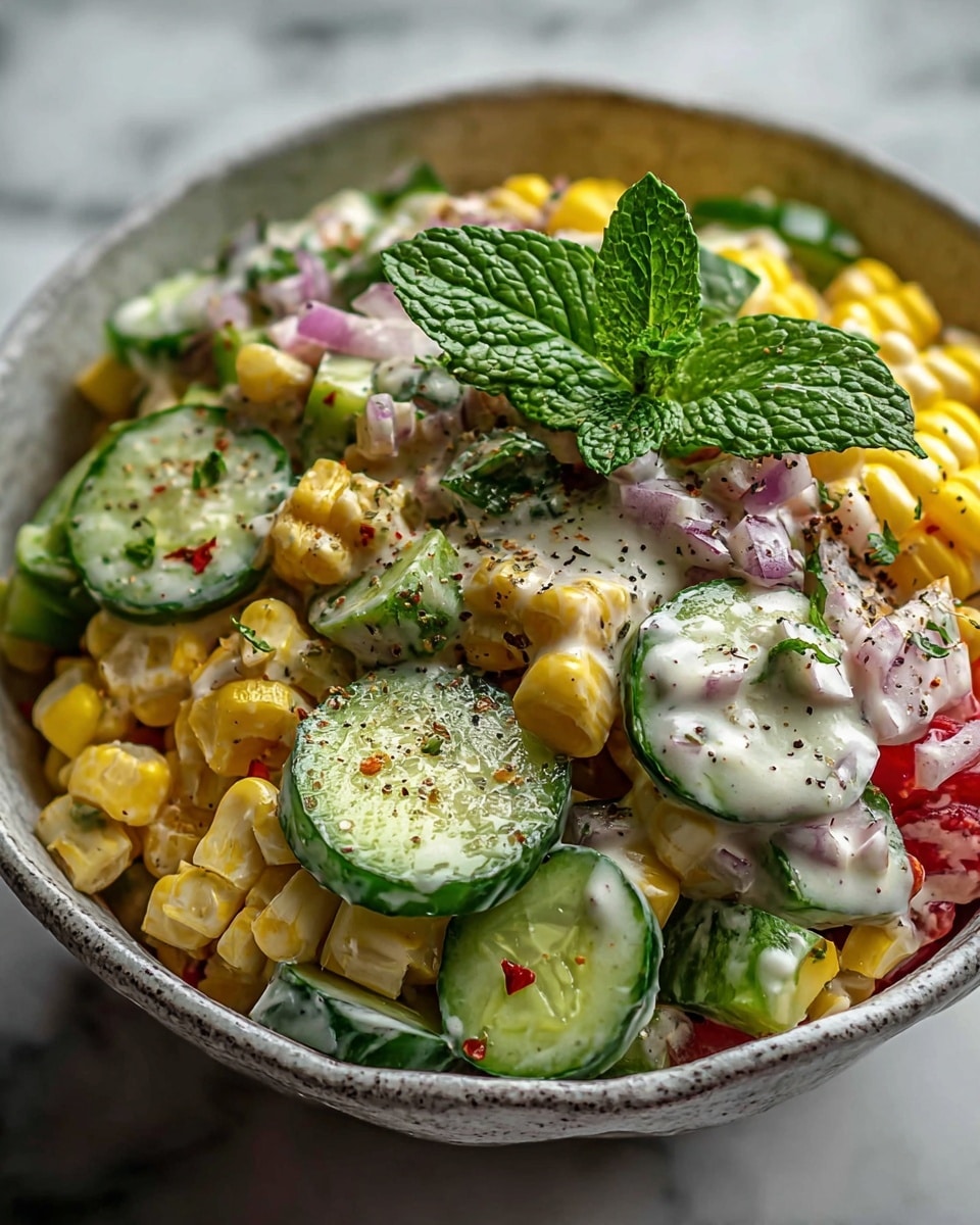 A close-up view of a bowl with a colorful salad consisting of three main layers. The bottom layer shows chunks of bright yellow corn and thick cucumber slices with green skin and light green inside. The middle layer contains small bits of red onion and red pepper scattered around. The top layer is covered with creamy white dressing and sprinkled with ground black pepper and green herbs. Fresh green mint leaves sit on top, adding a fresh look. The bowl itself is white with a rough texture, placed against a white marbled texture. Photo taken with an iphone --ar 4:5 --v 7