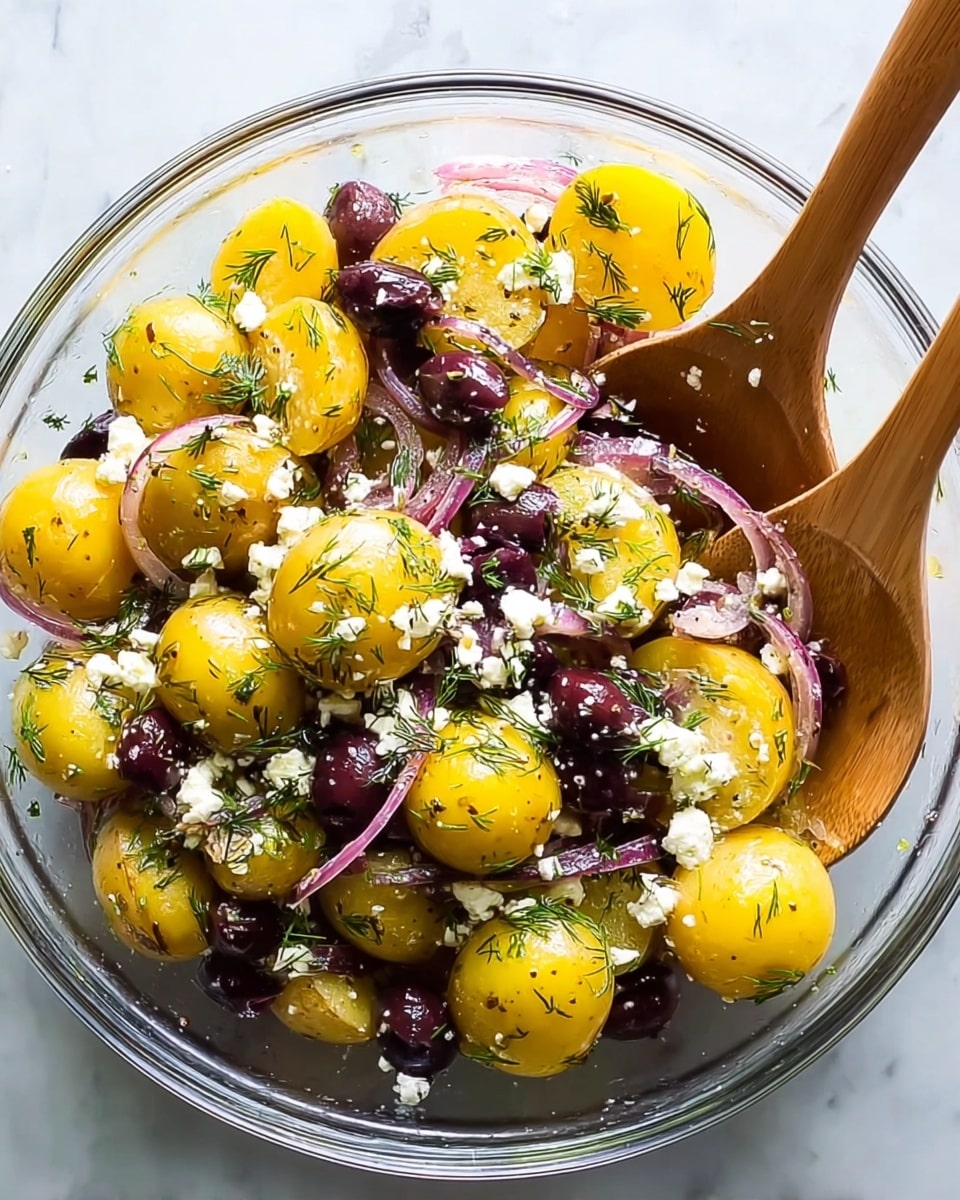 A clear glass bowl filled with a layered potato salad, with bright yellow halved baby potatoes as the main layer showing smooth, slightly shiny skins and soft texture. Mixed in are thin, curly slices of purple-red onion adding contrast, along with dark purple olives scattered throughout. White, crumbly feta cheese is sprinkled on top, providing a textured contrast. Small sprigs of fresh green dill are spread evenly across the salad. Two wooden spoons rest inside the bowl, partially immersed in the mix. The bowl sits on a white marbled texture surface. photo taken with an iphone --ar 4:5 --v 7