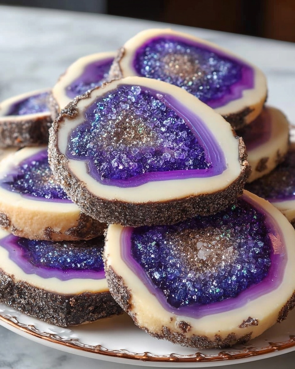 A stack of round cookies resembling purple geodes are placed on a white plate with a decorative brown rim. Each cookie has three distinct layers: a rough dark brown outer edge sprinkled with sugar, a smooth cream-colored middle layer, and a vibrant purple inner layer surrounding a textured, shiny dark center with sparkling sugar crystals. The cookies are piled in a slightly uneven stack, showing their layered textures and colors clearly. The background is a white marbled texture. photo taken with an iphone --ar 4:5 --v 7