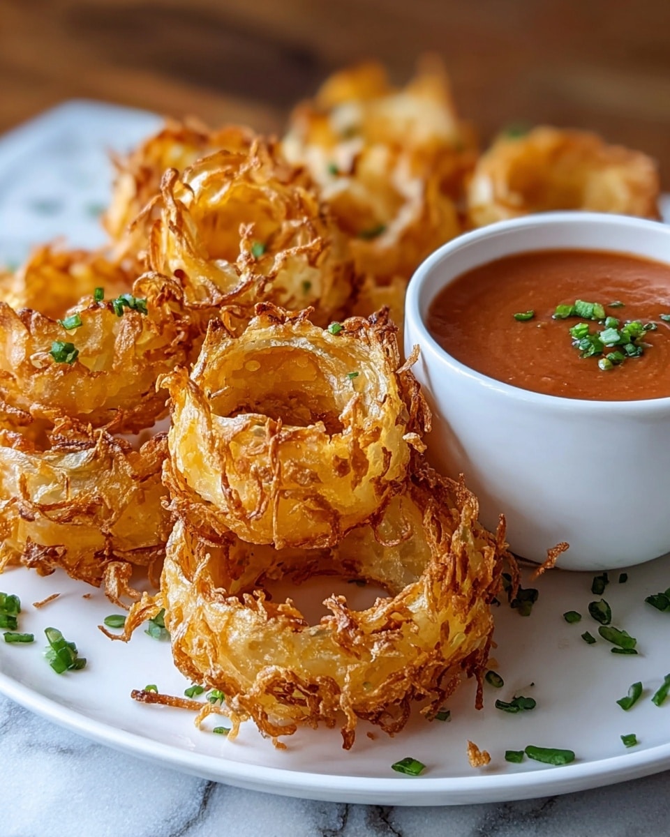 The image shows a white plate filled with golden-brown crispy fried onion rings, each ring layered with thin, crunchy strands and garnished with small pieces of green herbs. In the top right of the plate, there is a white bowl filled with a smooth, reddish-brown dipping sauce with a few green herb pieces on top. Some chopped green herbs are scattered on the plate around the onion rings. The plate is set on a white marbled surface with a wooden texture blurred in the background. photo taken with an iphone --ar 4:5 --v 7