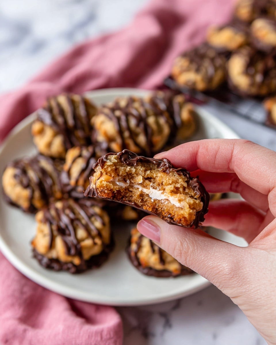 A woman's hand holds a half-eaten round cookie showing a golden brown crispy and crumbly inside with bits of a creamy layer, coated with dark brown chocolate on the bottom and drizzled on top in thin lines. Below, there is a white plate filled with more of these cookies, each with the same layered look: a bottom chocolate base, a thick golden brown rough textured middle, and dark brown thin chocolate drizzle on top. In the background, another white plate holds many more cookies, all sitting on a white marbled surface with a soft pink cloth nearby. Photo taken with an iphone --ar 4:5 --v 7