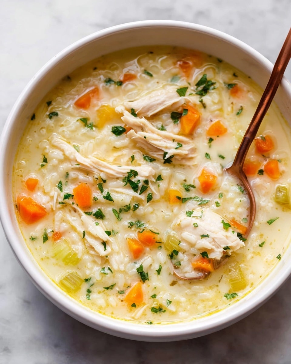 A white bowl filled with creamy chicken and rice soup, showing a few layers: a pale yellow broth with a smooth, slightly thick texture forms the base; scattered bright orange carrot cubes and light green celery pieces add color and texture; three large pieces of white chicken meat sit on top, slightly shredded and tender; small bits of green parsley are sprinkled evenly over the surface; a copper spoon rests inside the bowl on the right with some soup, rice, and vegetables on it, and a thin lemon wedge peeks out on the edge of the bowl; the bowl sits on a white marbled surface. photo taken with an iphone --ar 4:5 --v 7