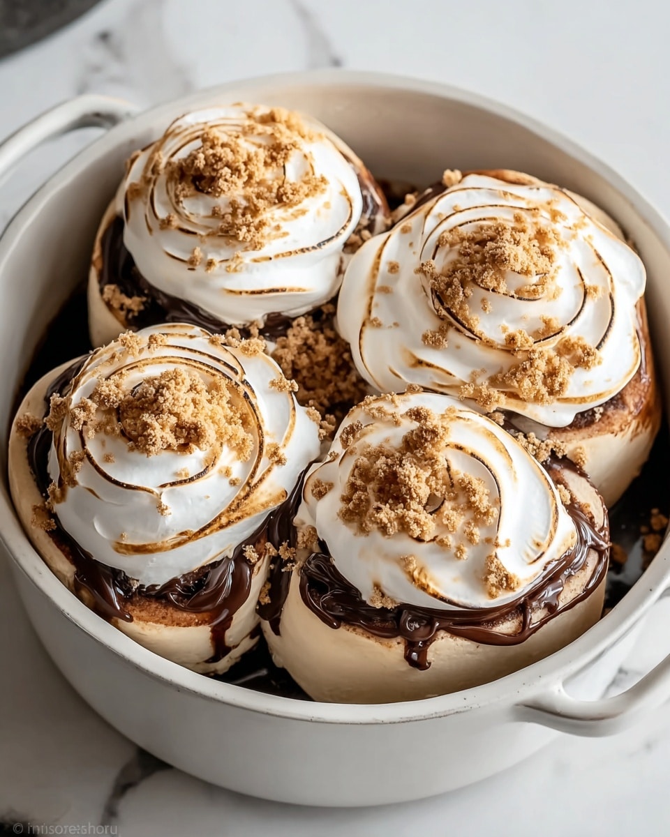 The image shows a white round pot holding four cinnamon roll-like pastries tightly arranged. Each pastry has three main layers: the bottom dough layer is light beige, soft, and fluffy; the middle layer is covered with thick, melted dark brown chocolate spread that slightly drips down the sides; the top layer is a generous swirl of white toasted marshmallow with golden-brown toasted edges. Some crumbly brown bits, possibly graham cracker crumbs, are scattered over the tops of the marshmallows. The pot is placed on a white marbled textured surface. photo taken with an iphone --ar 4:5 --v 7