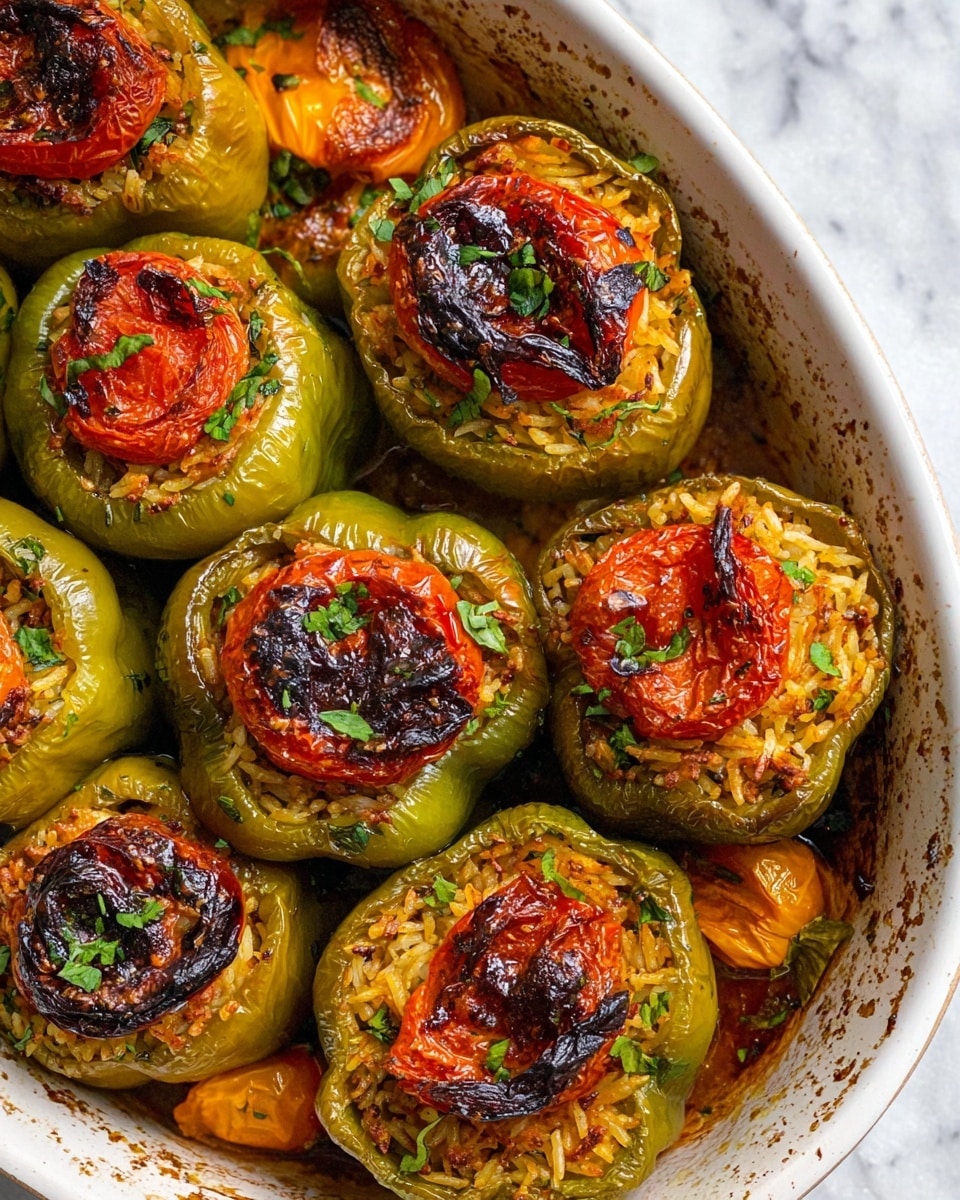The image shows a white oval baking dish filled with several stuffed green bell peppers. Each pepper is hollowed and filled with a golden-brown rice mixture, slightly crispy on top with some dark char marks. The peppers are topped with roasted tomato slices that are deep red with some blackened spots. Small pieces of roasted orange tomato wedges and chopped green herbs are scattered across the dish. The edges of the dish show slight browning and baked residue. The background is a white marbled texture. photo taken with an iphone --ar 4:5 --v 7