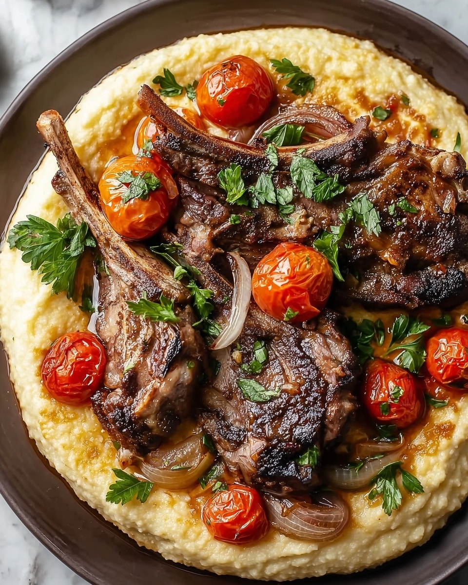 A white plate holds a base layer of thick, creamy beige mashed potatoes with a soft, smooth texture. On top, there are several grilled lamb chops with a dark brown caramelized crust and visible fat marbling. Around the lamb chops, there are roasted cherry tomatoes, some halved and others whole, showing a shiny bright red color with char marks. Thin slices of caramelized onions with a golden-brown color are scattered on the lamb. Fresh green parsley leaves are sprinkled over the lamb and vegetables, adding a pop of vibrant green. The dish sits on a white marbled surface. Photo taken with an iphone --ar 4:5 --v 7