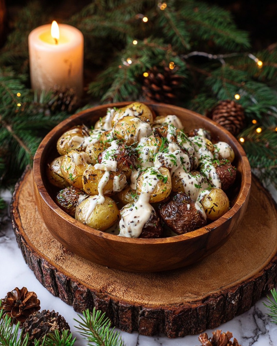 A wooden bowl filled with roasted small potatoes, some golden brown and some darker in color, all cut in halves, topped with a creamy white sauce that has small seeds in it, and sprinkled green herbs evenly across the top. The bowl sits on a round wooden slab with bark at the edges, surrounded by green pine branches and brown pinecones, with a lit candle in the background. The whole scene is set on a white marbled texture surface. photo taken with an iphone --ar 4:5 --v 7