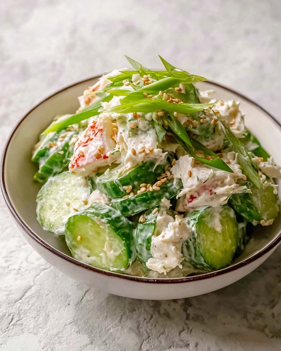 A bowl filled with a creamy cucumber and crab salad, showing roughly four layers: the bottom layer has thick slices of green cucumber with smooth, shiny skin; the next layer features white and pink crab meat pieces mixed in with the cucumbers; topped with a thick, white creamy dressing that coats all pieces; the uppermost layer is sprinkled with thin slices of bright green scallions and light brown sesame seeds. The bowl is white with a thin dark rim and sits on a white marbled textured surface. photo taken with an iphone --ar 4:5 --v 7