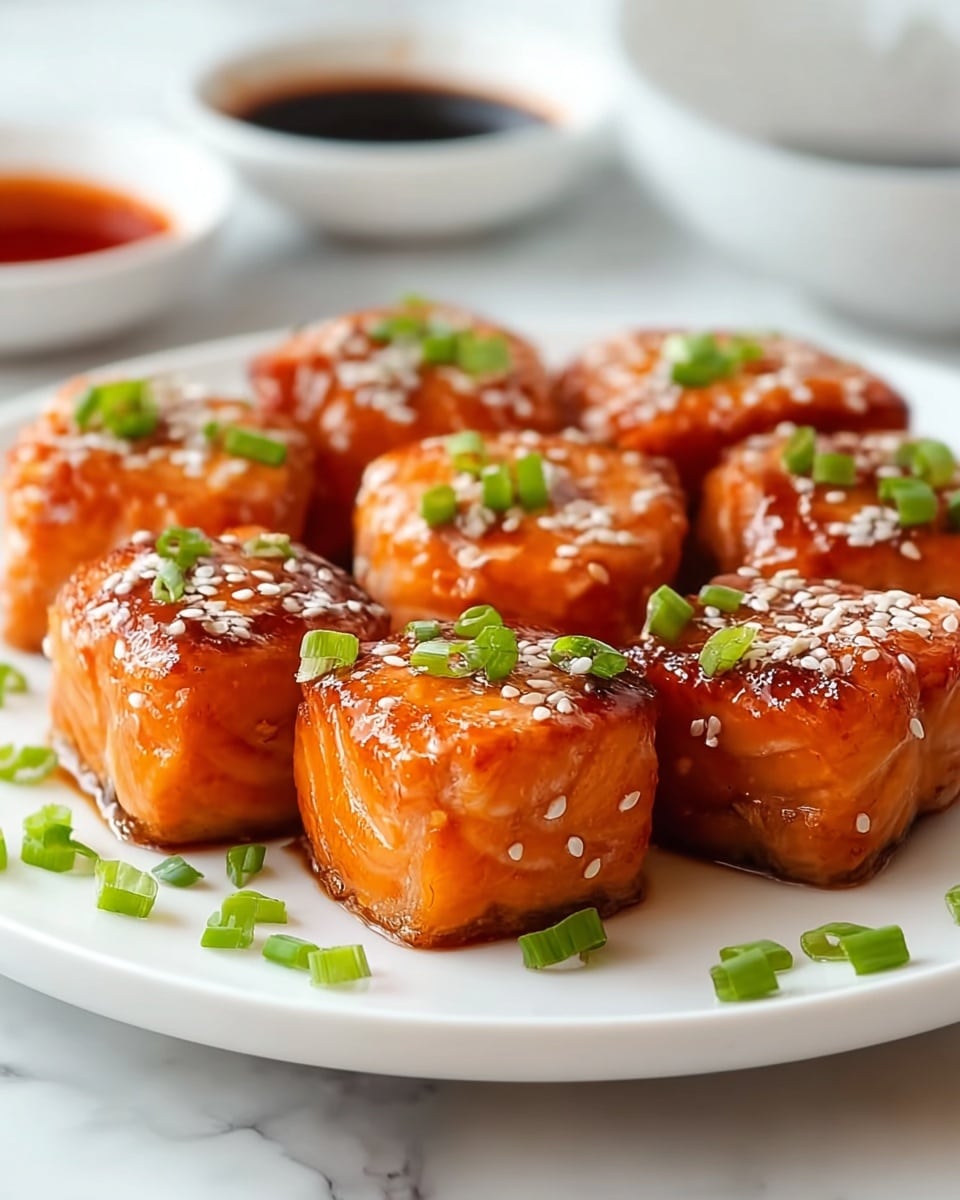 The image shows a close-up of eight thick, round pieces of glazed salmon arranged neatly on a white plate. Each piece is golden-orange with a shiny, sticky glaze, dotted with white sesame seeds and small green onion pieces on top. Around the plate, some extra green onion pieces are scattered. In the background, there are two blurred white bowls, one with a dark soy sauce and the other with a reddish dipping sauce. The plate rests on a white marbled surface. Photo taken with an iphone --ar 4:5 --v 7