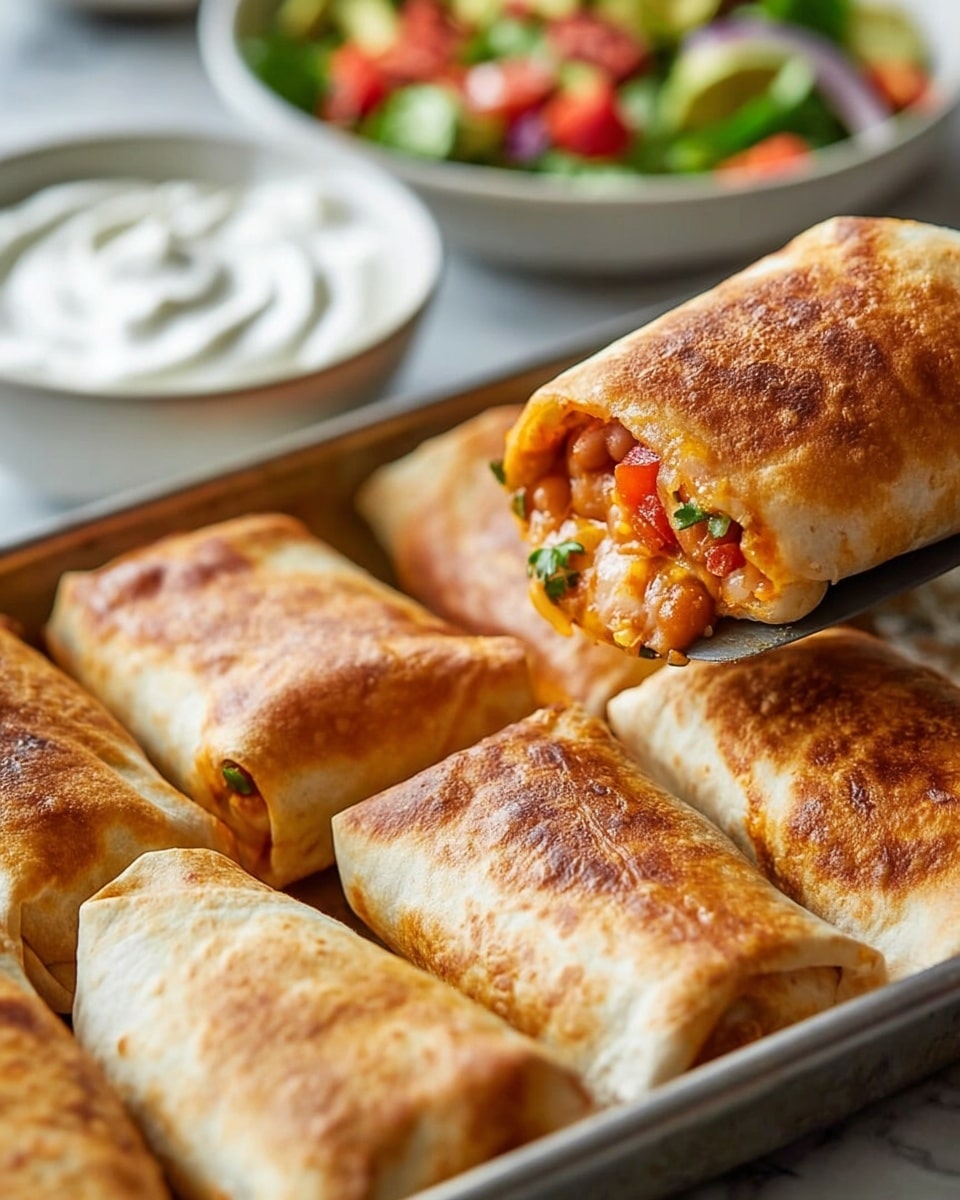 A close-up of a metal baking tray filled with six golden brown, crispy burritos with a lightly blistered texture on the surface. One burrito is being lifted by a spatula, showing the inner filling which is a mix of finely chopped vegetables and possibly beans, with a light red-orange color and small green herb pieces. In the blurred background, there are two white bowls, one filled with sour cream topped with a smooth swirl, and the other with a colorful salad of mixed greens, diced tomatoes, and small chunks of avocado. All dishes sit on a white marbled texture surface. Photo taken with an iphone --ar 4:5 --v 7