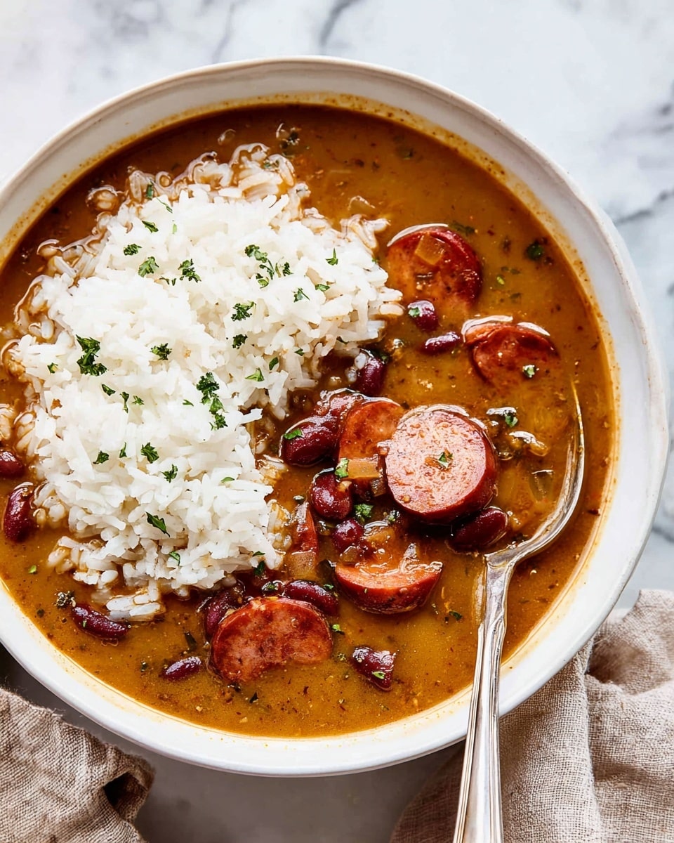 The image shows a white bowl filled with a rich brown soup that has visible pieces of sliced sausage and small kidney beans. On top of the soup, there are two distinct mounds of fluffy white rice sprinkled with small green herb bits, probably parsley. A shiny silver spoon rests on the right edge of the bowl, partially submerged in the soup. The bowl is placed on a white marbled surface with a soft textile visible in the top left corner. The soup has a slightly thick texture and the sausage slices have a reddish-brown color with a glossy finish. photo taken with an iphone --ar 4:5 --v 7