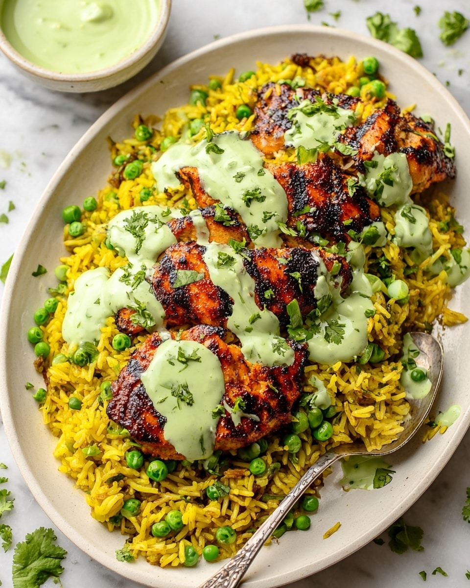 A white oval plate holds a dish with three main layers: at the bottom, bright yellow rice mixed with green peas; on top of the rice, there are three pieces of grilled chicken with charred grill marks and a reddish-brown color; the chicken is drizzled with a creamy light green sauce and scattered with fresh chopped cilantro leaves. A metal spoon rests on the right side of the plate, partly digging into the rice, while a small white bowl with more green sauce sits on the left edge of the plate. The dish is set on a white marbled surface with a few cilantro leaves scattered around. photo taken with an iphone --ar 4:5 --v 7