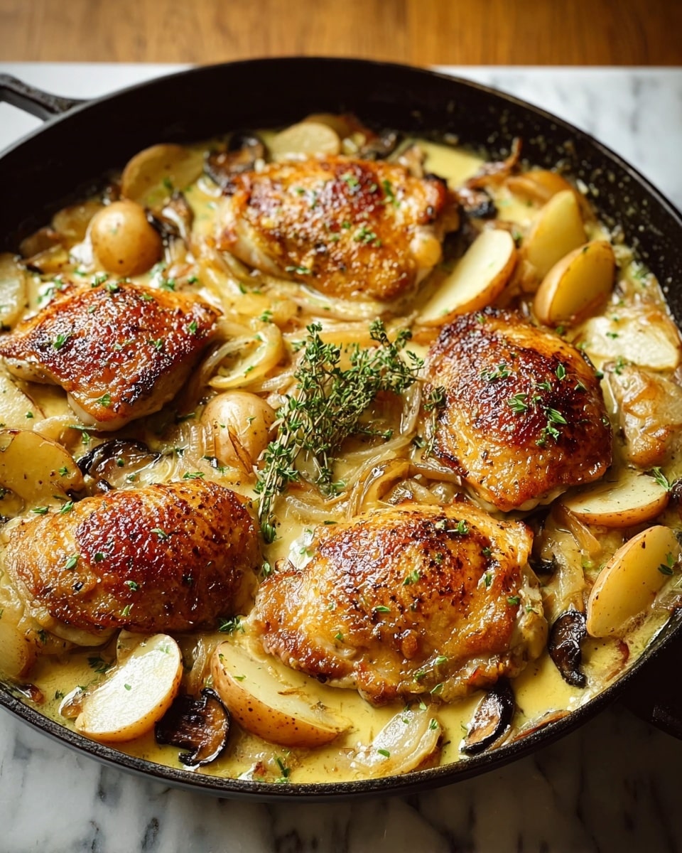 The image shows a black pan filled with five golden brown cooked chicken thighs on top, each with a crispy, slightly shiny texture. Around the chicken, there are several layers of light yellow creamy sauce with visible green herbs sprinkled throughout. Nestled in the sauce are slices of light brown potatoes and caramelized onions with a soft texture, some browned on the edges. Small, dark mushrooms are scattered around the edges of the pan. A sprig of fresh green thyme rests on one of the chicken thighs. The pan is set on a white marbled surface. photo taken with an iphone --ar 4:5 --v 7