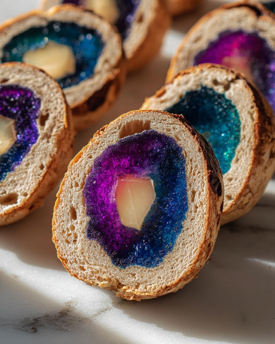 The image shows a close-up of several round pastries sliced to reveal colorful, gem-like centers. Each pastry has a beige, crumbly outer crust that looks slightly toasted, with visible small air pockets and a rough texture. Inside, there is a vibrant, sparkling layer that resembles crystal formations in deep purple and bright blue hues, with a smooth, translucent light yellow shape in the very center. The pastries are arranged in a line on a white marbled surface, with sunlight casting soft shadows and highlighting the glossy, textured interiors. Photo taken with an iphone --ar 4:5 --v 7
