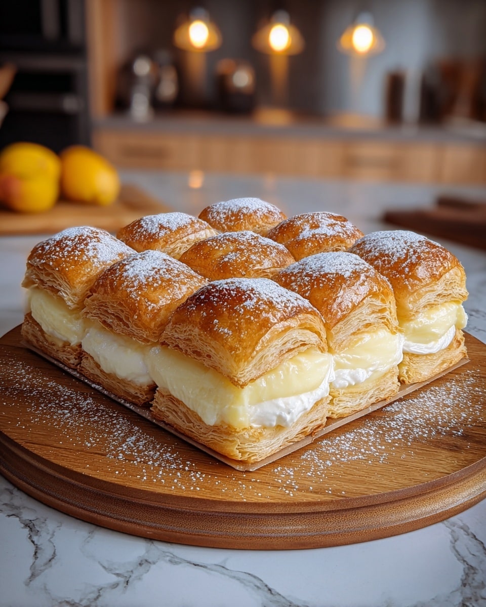 A square puff pastry dessert consisting of three layers is shown on a round wooden board placed on a white marbled surface. The bottom layer is a thin golden-brown flaky pastry base. The middle layer is made of thick, creamy, pale yellow custard that looks smooth and soft, slightly oozing at the edges. The top layer is made of golden puff pastry squares with a glossy finish, each slightly puffed and dusted with a light sprinkling of powdered sugar. The dessert is cut into 16 equal square pieces forming a grid pattern. Photo taken with an iphone --ar 4:5 --v 7