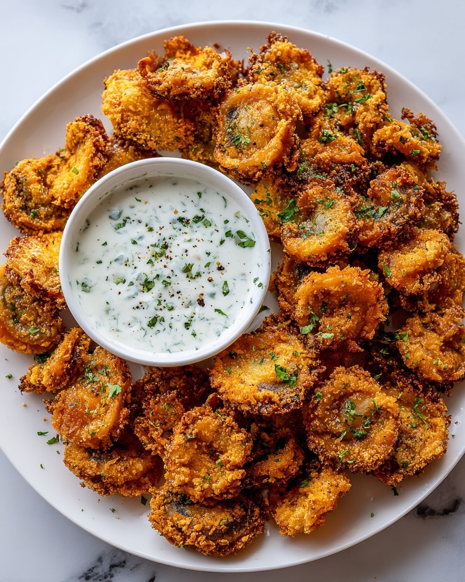A white plate filled with many small, golden-brown fried mushroom slices, each with a crispy texture and some light green herb bits sprinkled on top. The mushrooms show a mix of golden breaded edges and darker brown caps. On one side of the plate, there is a small white bowl filled with light creamy white dipping sauce, topped with small green herb pieces and tiny black pepper bits. The plate sits on a white marbled surface. photo taken with an iphone --ar 4:5 --v 7
