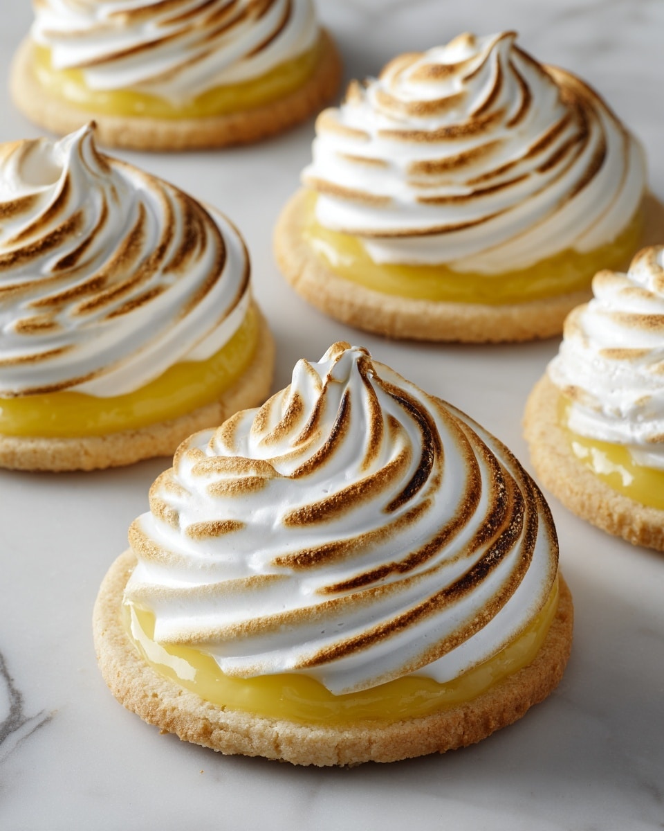 The image shows several round cookies, each topped with two distinct layers: a base layer of soft, gooey yellow lemon curd that shines slightly, and a thick, fluffy swirl of toasted white meringue forming the top layer, with golden-brown spots from browning on the edges and peaks. The meringue is shaped in a spiral beginning from the center and expands outward in a smooth, cloud-like texture. Each cookie base is pale golden with a slightly cracked surface, and all cookies are placed on a white marbled surface. photo taken with an iphone --ar 4:5 --v 7