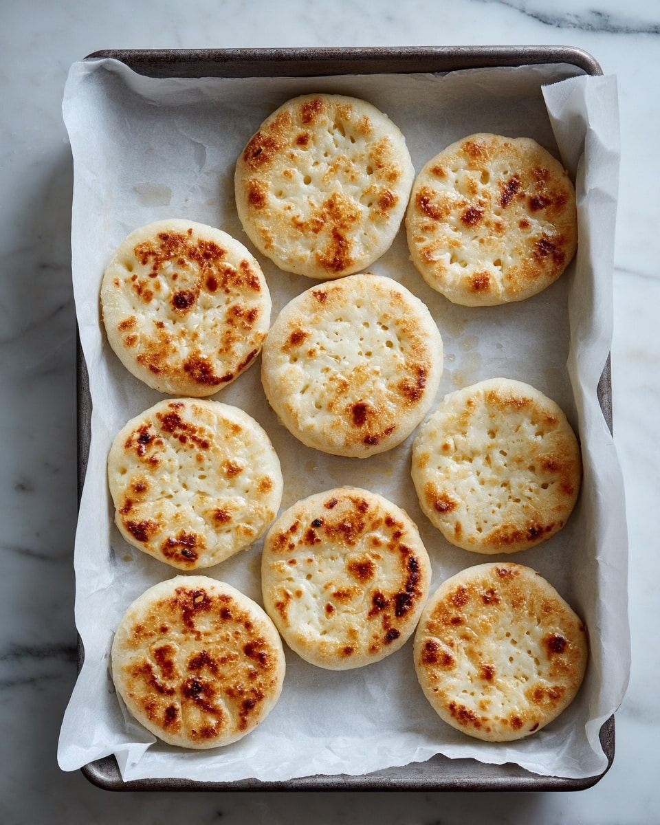 A baking tray lined with white parchment paper holds nine small, round, flat pieces of baked dough. Each piece is light golden brown with slightly darker edges and has a soft, slightly puffed texture with small air holes on the surface. The dough pieces are evenly spaced on the tray, which sits on a white marbled textured surface. Photo taken with an iphone --ar 4:5 --v 7